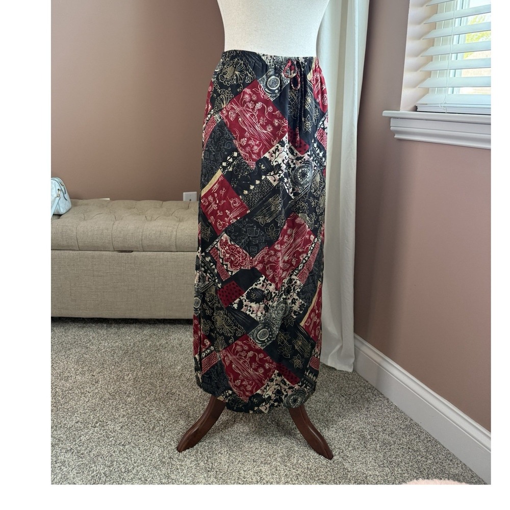 Vintage Bobbie Brooks Patchwork Long Skirt Rayon Drawstring Waist Black Small